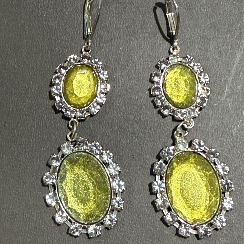 Silver and Olive Green Crystal Drop Earrings